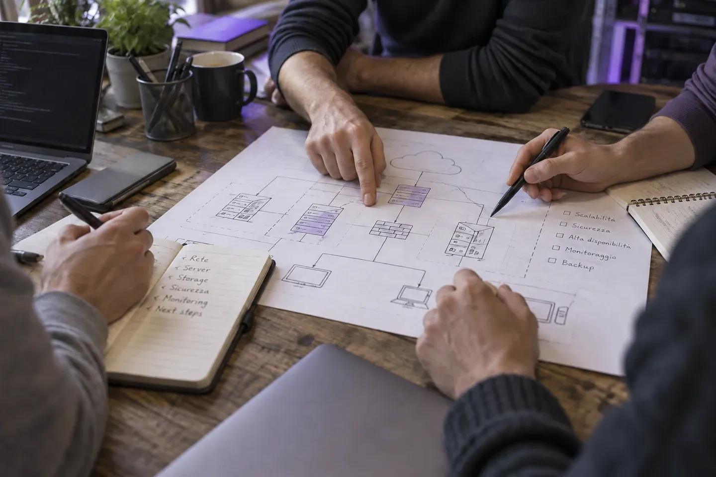 Professionisti IT riuniti attorno a uno schema infrastrutturale durante una sessione di progettazione.