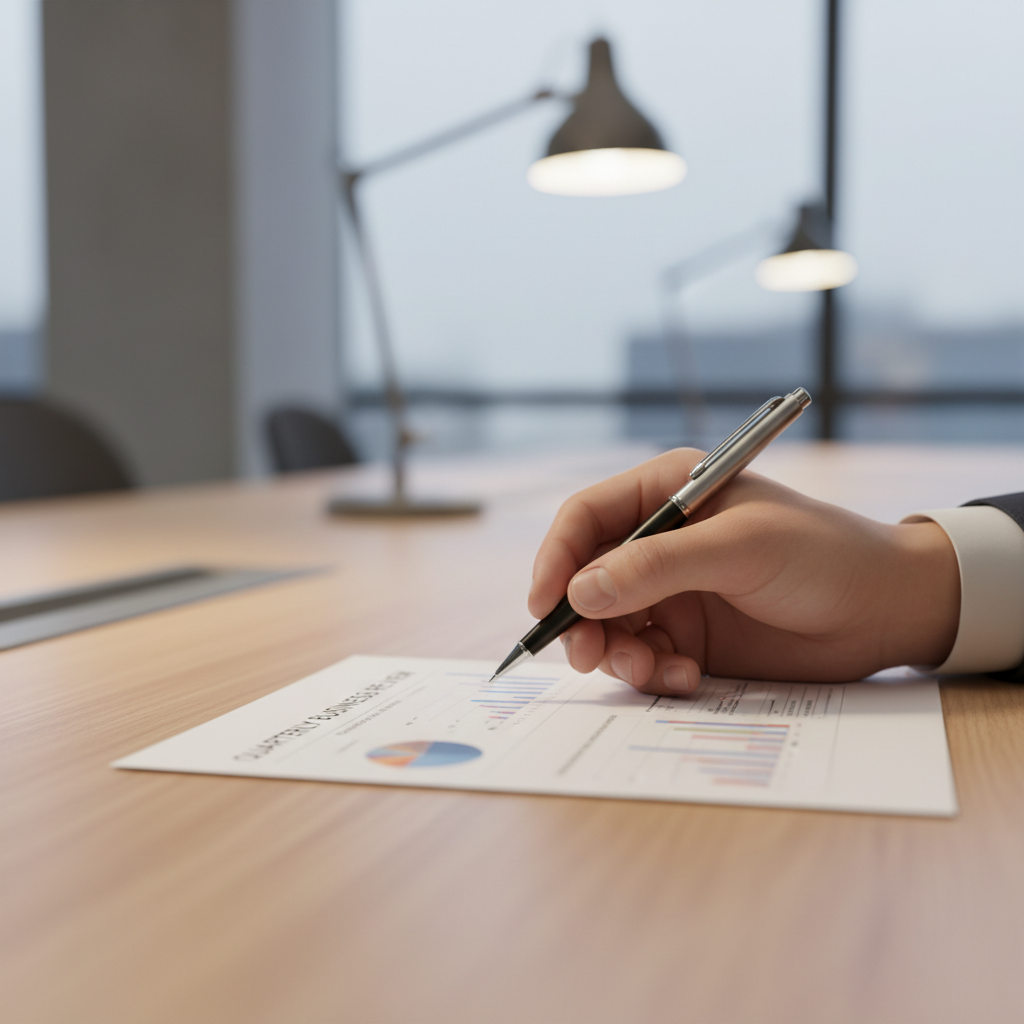 Dettaglio di una mano che firma un documento importante su una scrivania moderna