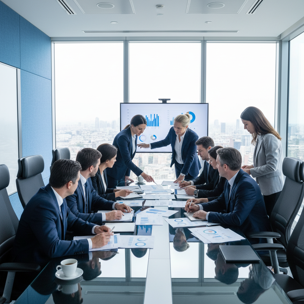 Team esecutivo riunito in una sala riunioni moderna analizza documenti di compliance