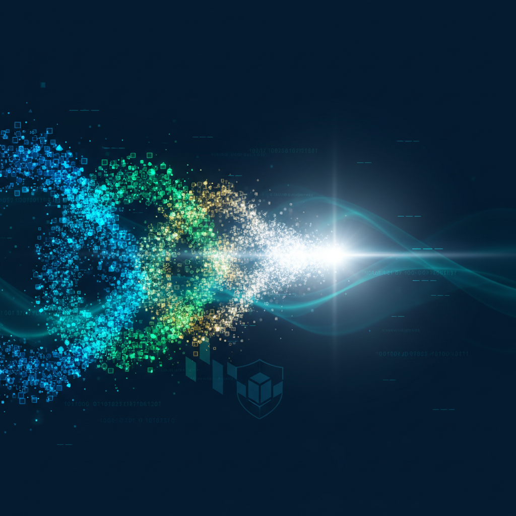 Rappresentazione astratta di flussi di dati che convergono in un unico fascio di luce