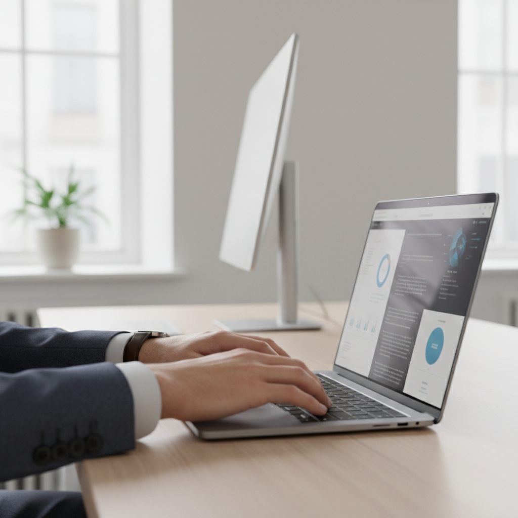 Close-up of professional hands typing on a laptop in a modern minimalist office with natural light, focus on productivity and technology, soft depth of field, business atmosphere.