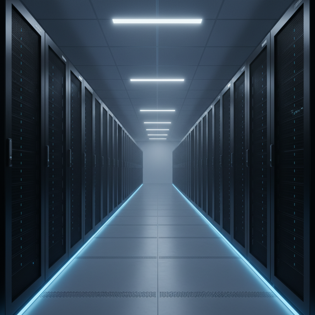 Wide angle shot of a pristine, modern server room corridor with cool blue lighting, symmetrical server racks, conveying stability and infrastructure reliability, no text or screens visible.