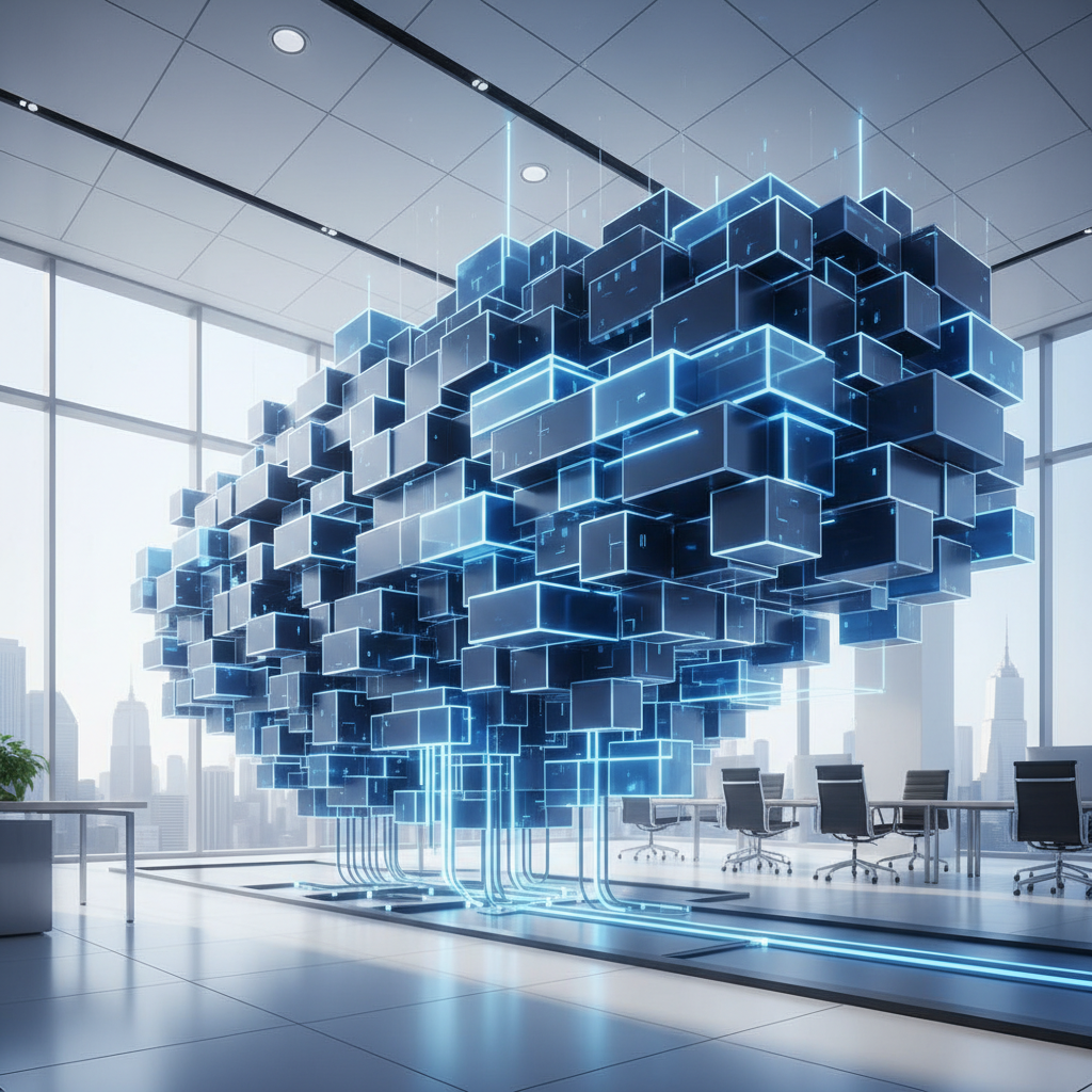 Modern abstract representation of structured data blocks connecting seamlessly in a bright corporate environment, blue and white palette, symbolizing organized software architecture, high quality digital art style.