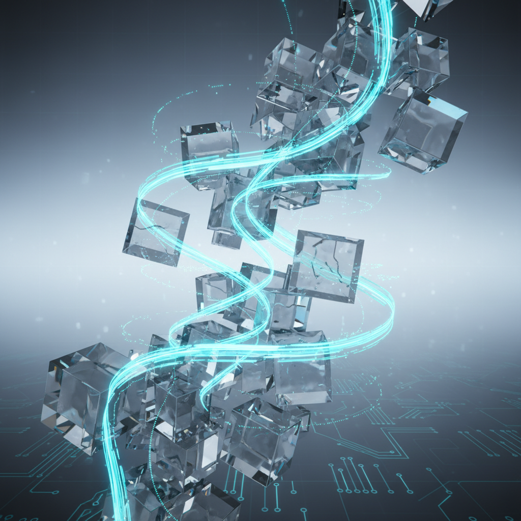 Abstract composition of light streaks flowing through geometric glass structures, representing automated workflows and continuous delivery, corporate tech aesthetic, cyan and grey tones.